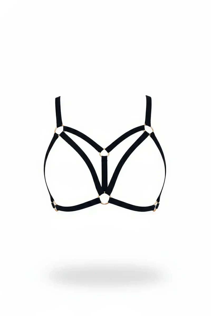 Siyah kumaşlı düğmeli harness bralet, ince tasmalarla tasarlanmış, altın kaplama düğmeleriyle detaylandırılmış