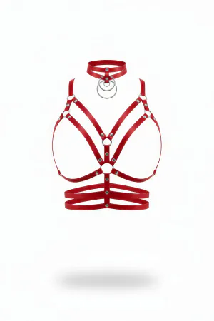 Kırmızı suni deri kadın vücut takımı ve choker seti, metal halka ve ayarlanabilir toka detayları