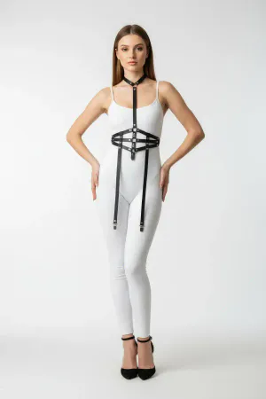 Black faux leather caged waist body harness with adjustable garter straps on a model