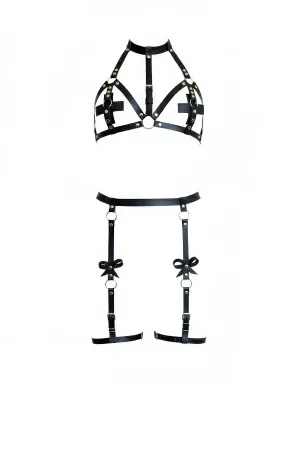 Black Faux Leather Caged Harness Bra and Bow Leg Garters Set High Neck Style
