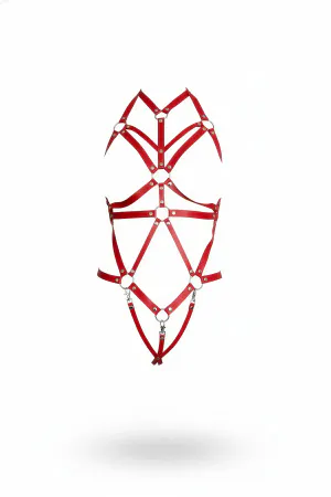 Red Faux Leather Full Body Harness with O-Ring Accents