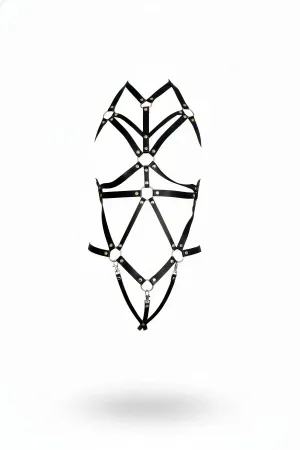 Black faux leather full body harness with o-ring details and adjustable straps.