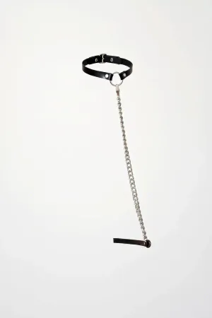 Black Faux Leather Choker with Detachable O-Ring Chain and Silver Chain