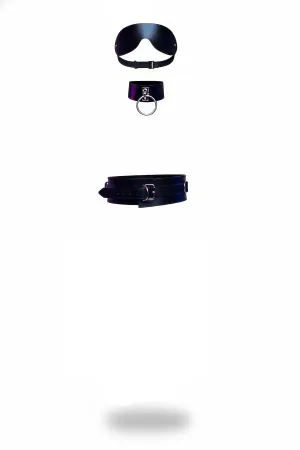 Siyah Faux Leather Harness Takımı Göz Bandı Boyunluk Kemer Seti Metal Halka Detay