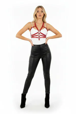 Red Faux Leather Caged Chest Harness Women Adjustable Straps