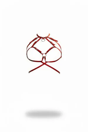 Red Faux Leather Caged O-Ring Chest Harness Adjustable Straps