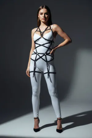 Black faux leather strappy body harness with O-ring
