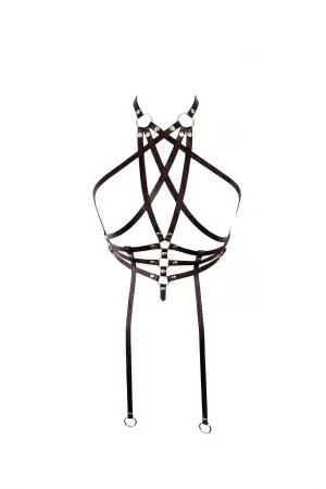 Black Faux Leather High Neck Chest Harness with Garter Straps