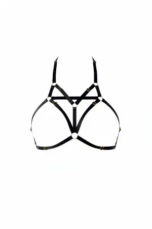 Black Geometric Faux Leather Chest Harness with Silver O-Rings