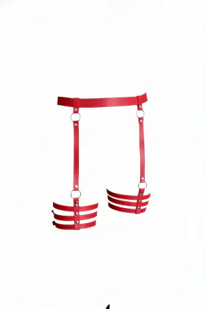 Multi-Strap Faux Leather Garter Harness Red Adjustable Waist and Thigh Straps Silver Hardware