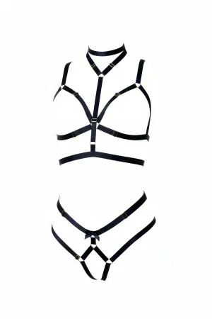 Black Elastic Choker Harness Bralette and Matching Strappy Panty Set