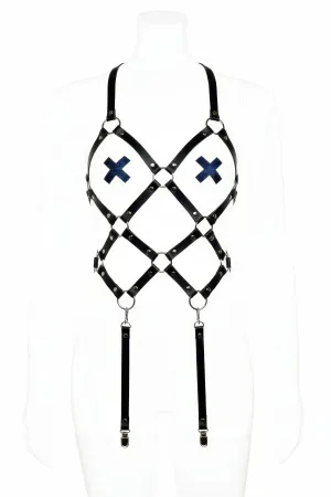Black vegan leather cage body harness with navy blue X-chest detail and adjustable garter straps