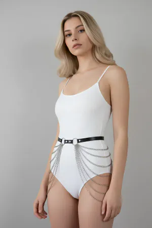 Black Faux Leather Waist Harness Belt with Cascading Silver Chains