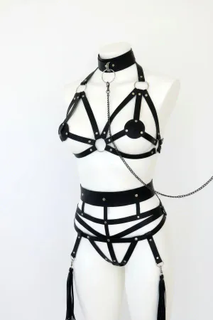Black Faux Leather Multi-Piece Harness Set with Choker and Garters