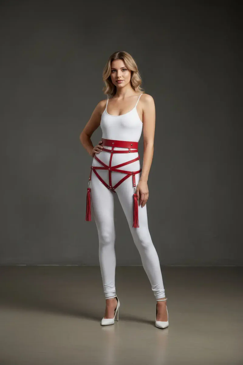 Red Faux Leather Hip Harness Detachable Tassels Adjustable Straps