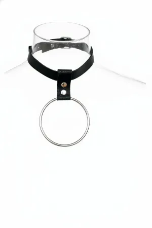 Black faux leather choker with large silver O-ring and adjustable strap