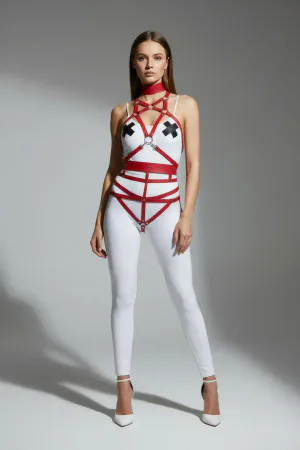 Red Faux Leather Full Body Harness with Choker and Side Tassels