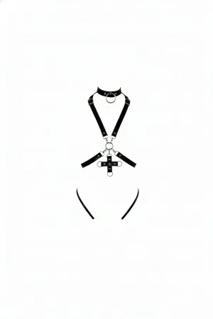 Black faux leather body harness with integrated choker and detailed cross pendant, adjustable straps