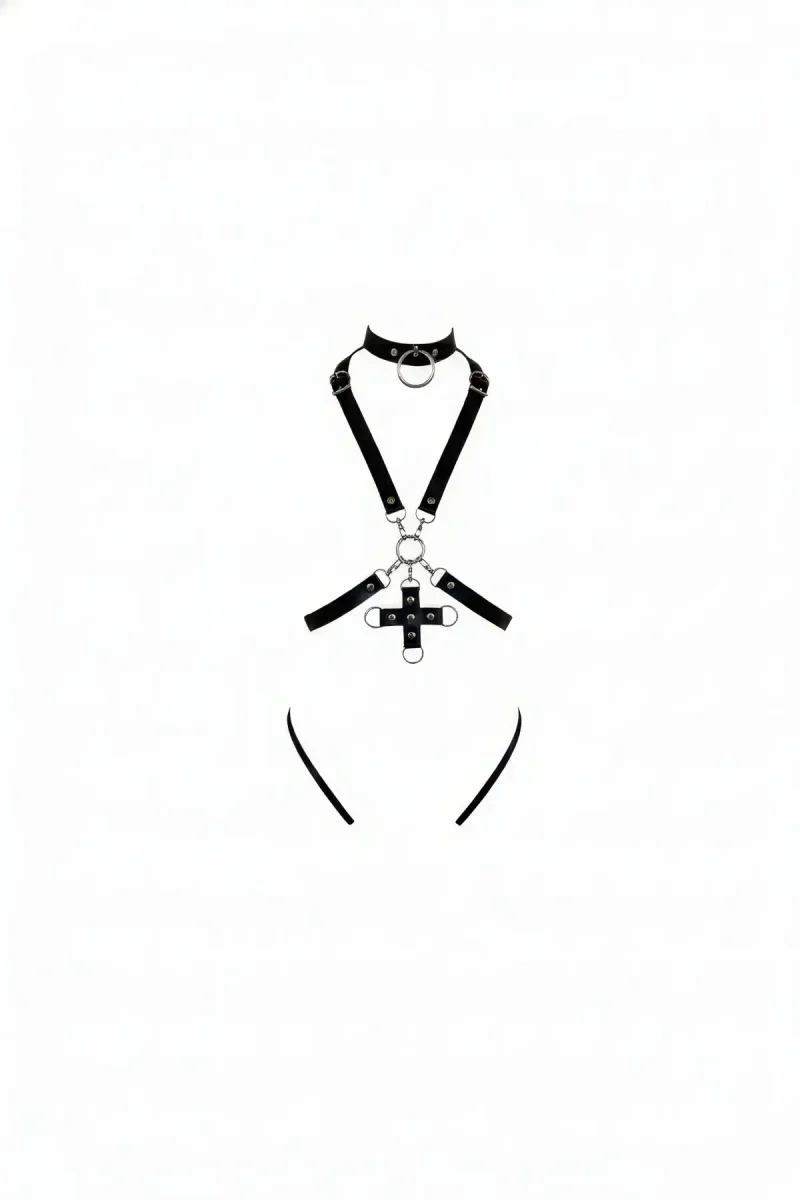 Black faux leather body harness with integrated choker and detailed cross pendant, adjustable straps