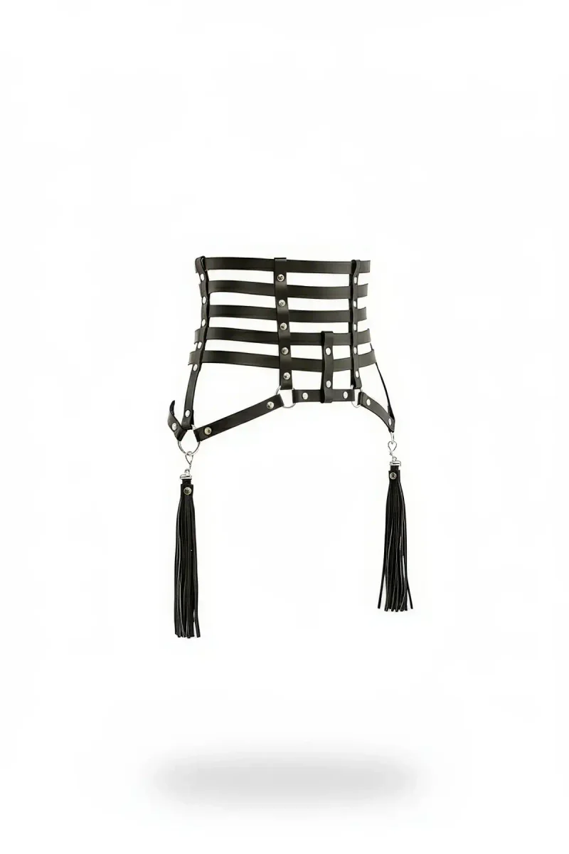 Black Faux Leather Caged Waist Harness with Detachable Fringe Tassels Silver Hardware