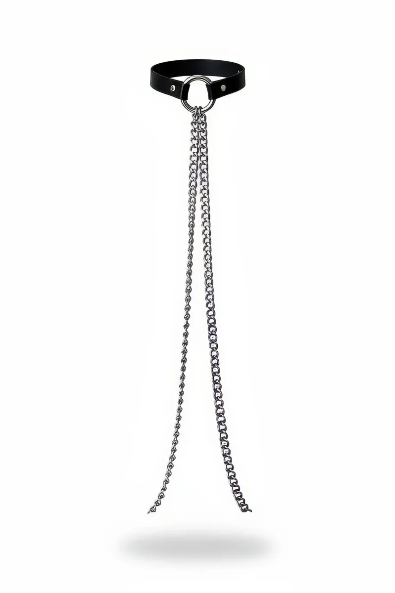 Black Faux Leather O-Ring Choker with Dual Draped Chains