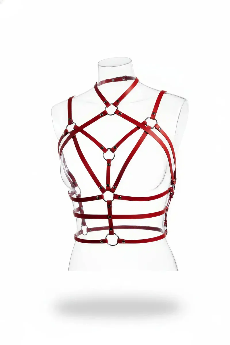 Red Faux Leather Caged Body Harness with Choker and Multi O-Rings on Mannequin