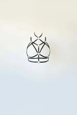 Black Faux Leather Caged O-Ring Chest Harness with High Neckline