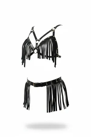 Black Fringe Faux Leather Harness Bra Top and Skirt Belt Set for women
