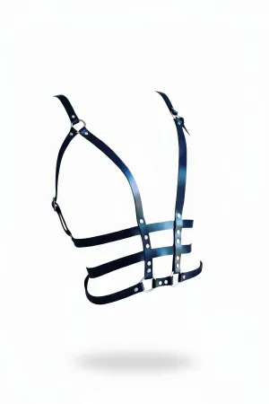 Black Faux Leather Caged Chest Harness Adjustable Silver O-Rings Front View