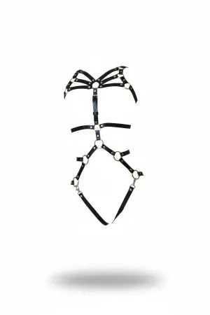 Siyah Faux Leather Body Harness Gümüş Metal Halka Detaylı Ayarlanabilir