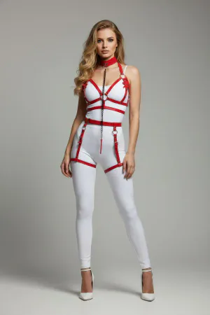 Red Faux Leather Full Body Harness with Choker and Chain Detail
