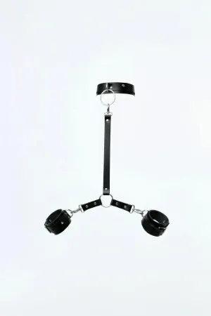 Black Faux Leather Tri-Point Harness with Neck Collar and Wrist Cuffs Adjustable Buckles