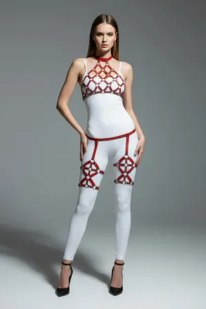 Red Vegan Leather Full Body Harness Women Caged Design O-Ring Details