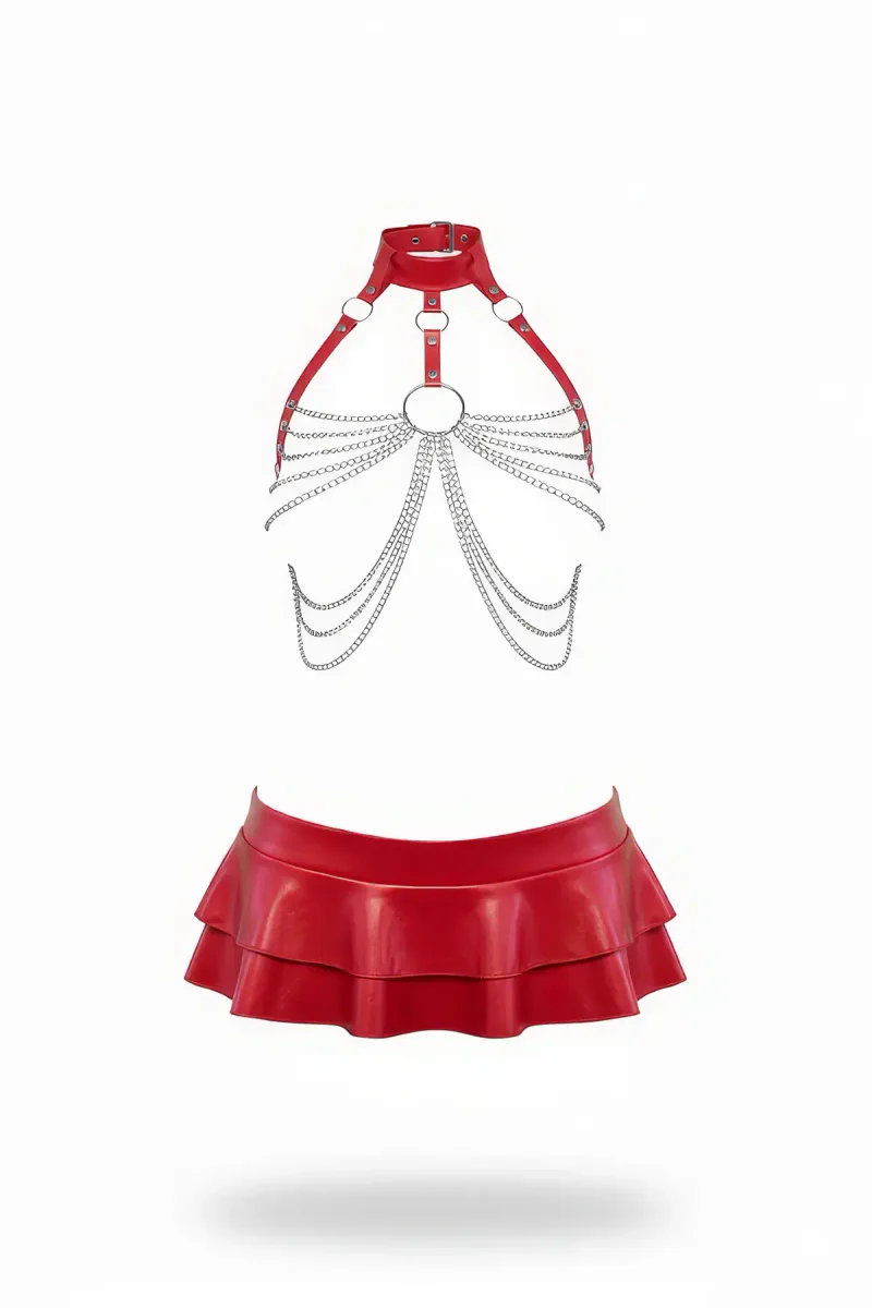 Red Faux Leather Chain Harness and Ruffled Mini Skirt Set