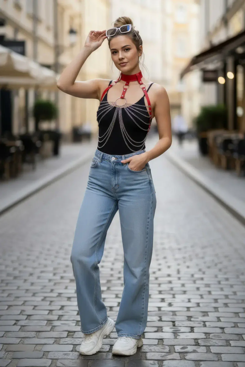 Red Choker and Underbust Harness Side