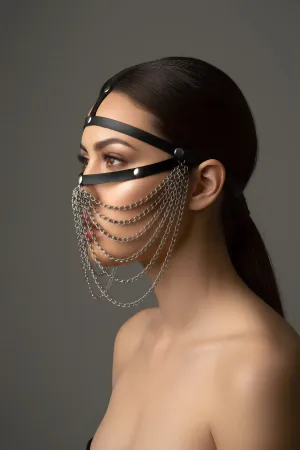 Black Faux Leather Face Harness Women Draping Chains Mask