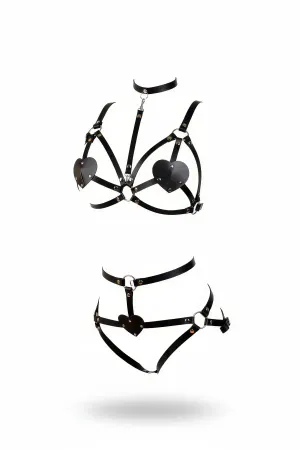 Black Faux Leather Heart Harness Bra and Panty Set Adjustable Straps