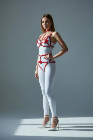 Red Vegan Leather Harness Set Heart Accents Chest Waist Choker
