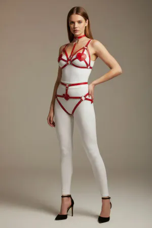 Red Vegan Leather Harness Set Heart Accents Chest Waist Choker