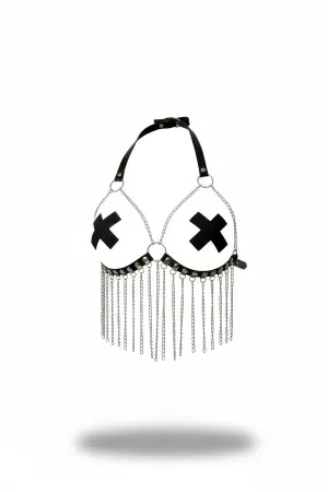 White Faux Leather Chest Harness Bra with Black Crosses and Fringe Chains