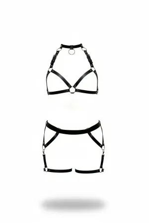 Black Faux Leather Harness Set Women Halter Bra O-Ring Garter Skirt