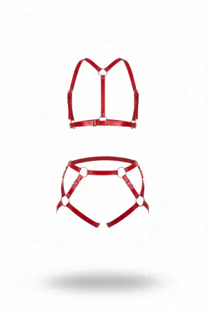 Red Faux Leather Body Harness Set Adjustable Straps Silver O-Rings