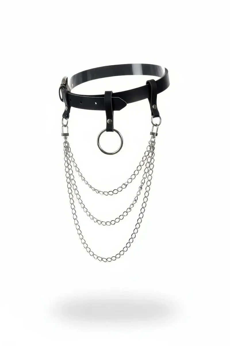 Black Faux Leather Waist Harness Triple Chain O-Ring Adjustable Buckle