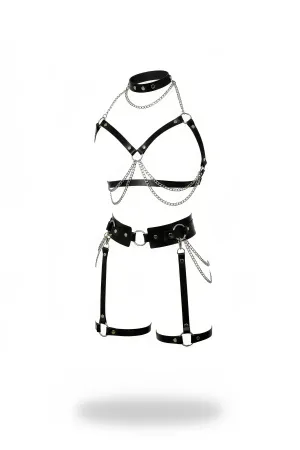 Black Faux Leather Full Body Harness Set with Garter Straps and Silver Chains