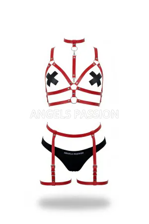 Red Faux Leather Caged Harness Bra and Garter Set with Black Cross Details