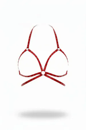 Red Studded Strappy Chest Harness Bra Vegan Leather Silver Hardware