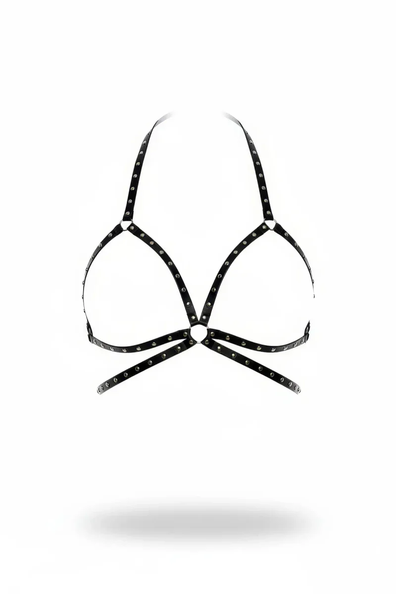 Siyah zımbalı göğüs harness halter yaka ince kumaş detaylı