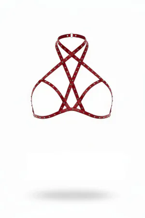 Red Vegan Leather Halter Chest Harness with Silver Studs
