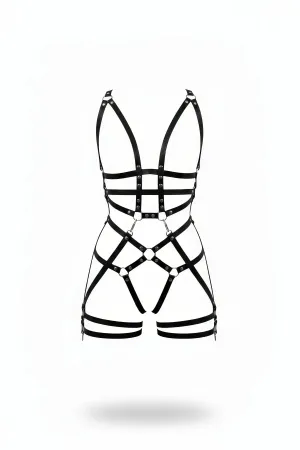 Black Faux Leather Full Body Harness Women Caged Design Silver O-Rings Adjustable Straps