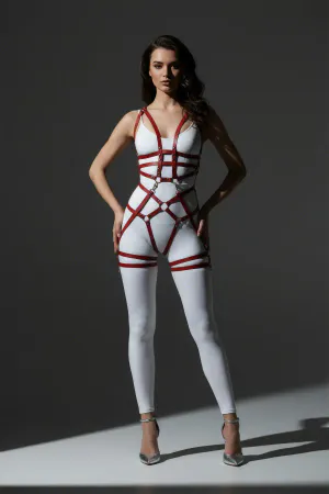 Red Faux Leather Full Body Cage Harness Women Adjustable O-Ring Straps